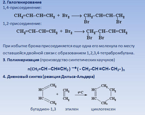 Химические свойства бромной воды. Алкадиены бутадиен 1.3. Бромирование винилацетилена. Реакция присоединения алкадиенов. Реакция полимеризации алкадиенов.